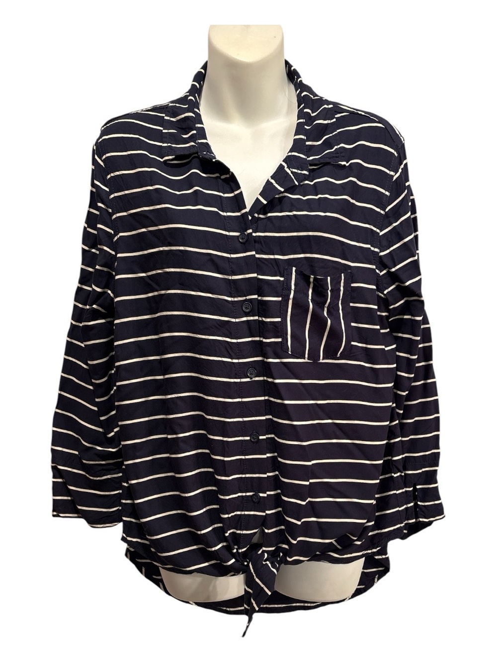 beachlunchlounge Navy and White Striped Shirt with bottom tie.  Size large